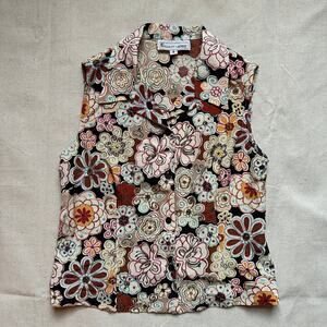 Elliott Lauren Vintage Floral Silk Button Down Shirt Beaded Womens Size 4